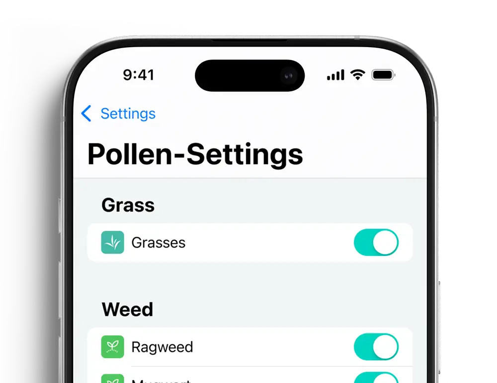 Pollenflug Heuschnupfen Pollenallergie Vorhersage Einstellungs-Screenshot der Allergie Alarm App